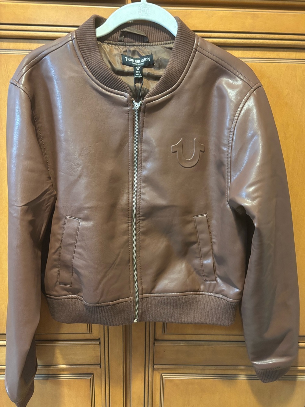 True Religion Brown Leather Bomber Jacket. Size: M